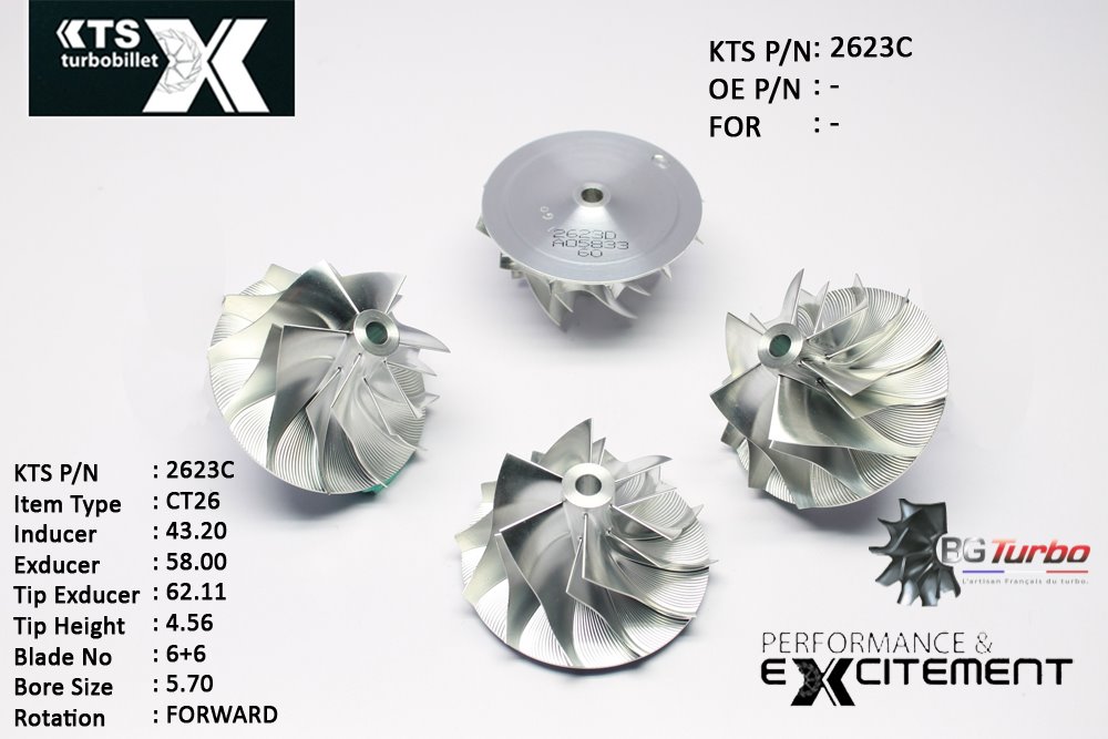 Turbo ROUE FORGÉE MFS PERFORMANCE - 6+6 PALES - INDUCER : 43,2 - EXDUCER : 58 - TYPE : CT26ANGLE : 60° - ROTATION : Forward - SUPER BACK : 2,6 - BORE SIZE : 5,7
